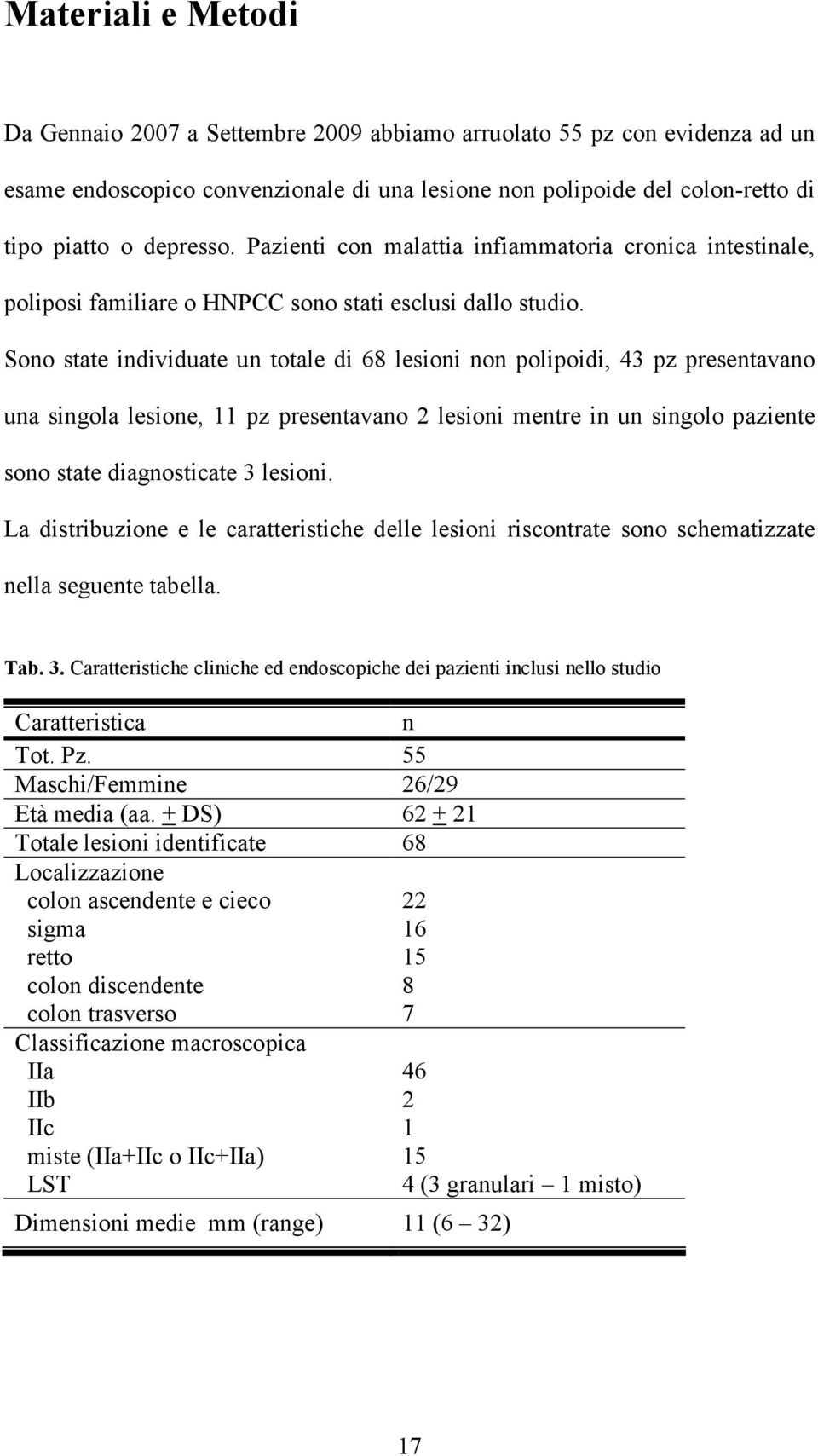 Sono state individuate un totale di 68 lesioni non polipoidi, 43 pz presentavano una singola lesione, 11 pz presentavano 2 lesioni mentre in un singolo paziente sono state diagnosticate 3 lesioni.