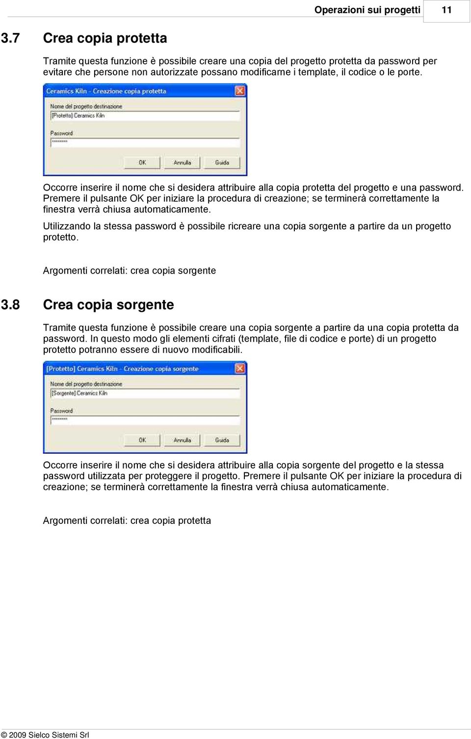 porte. Occorre inserire il nome che si desidera attribuire alla copia protetta del progetto e una password.