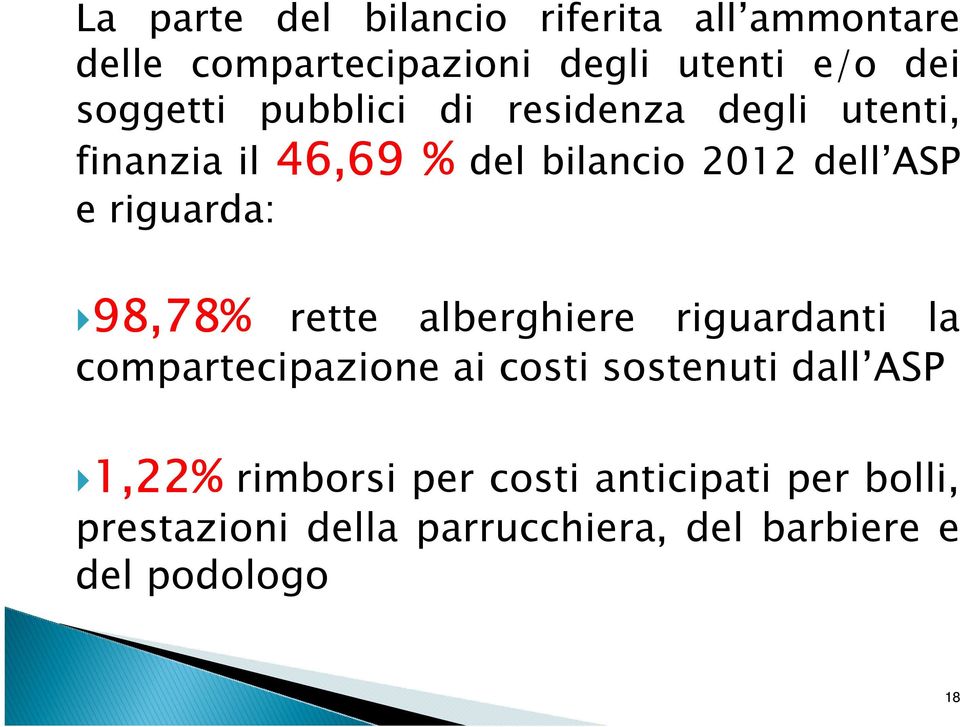 98,78% 98,78% rette alberghiere riguardanti la compartecipazione ai costi sostenuti dall ASP 1,22%