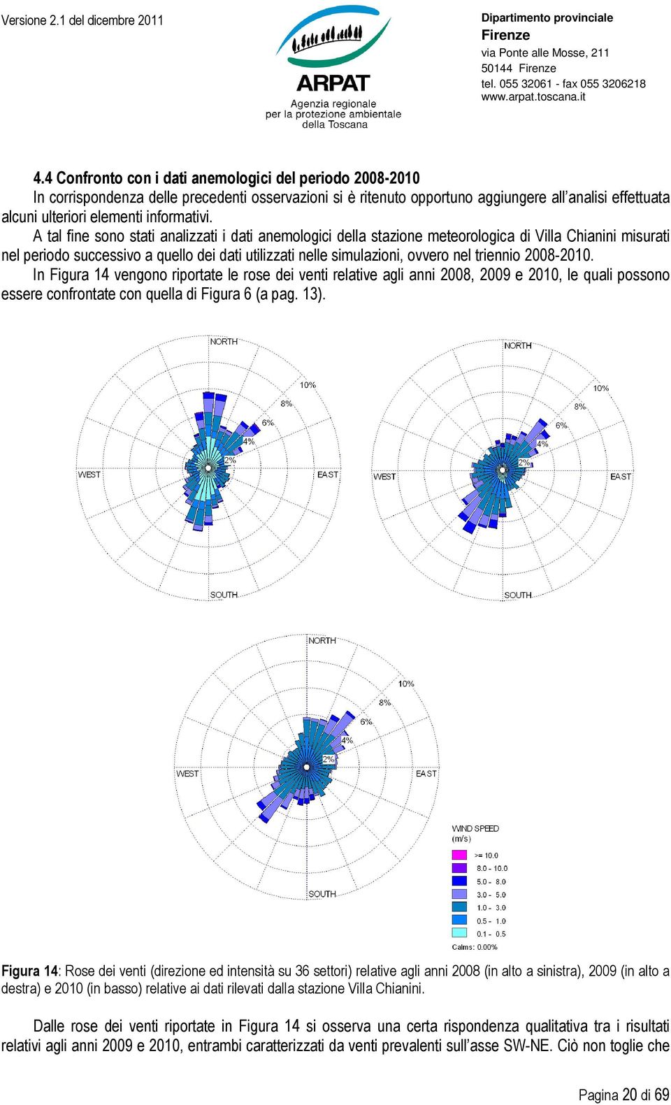 A tal fine sono stati analizzati i dati anemologici della stazione meteorologica di Villa Chianini misurati nel periodo successivo a quello dei dati utilizzati nelle simulazioni, ovvero nel triennio