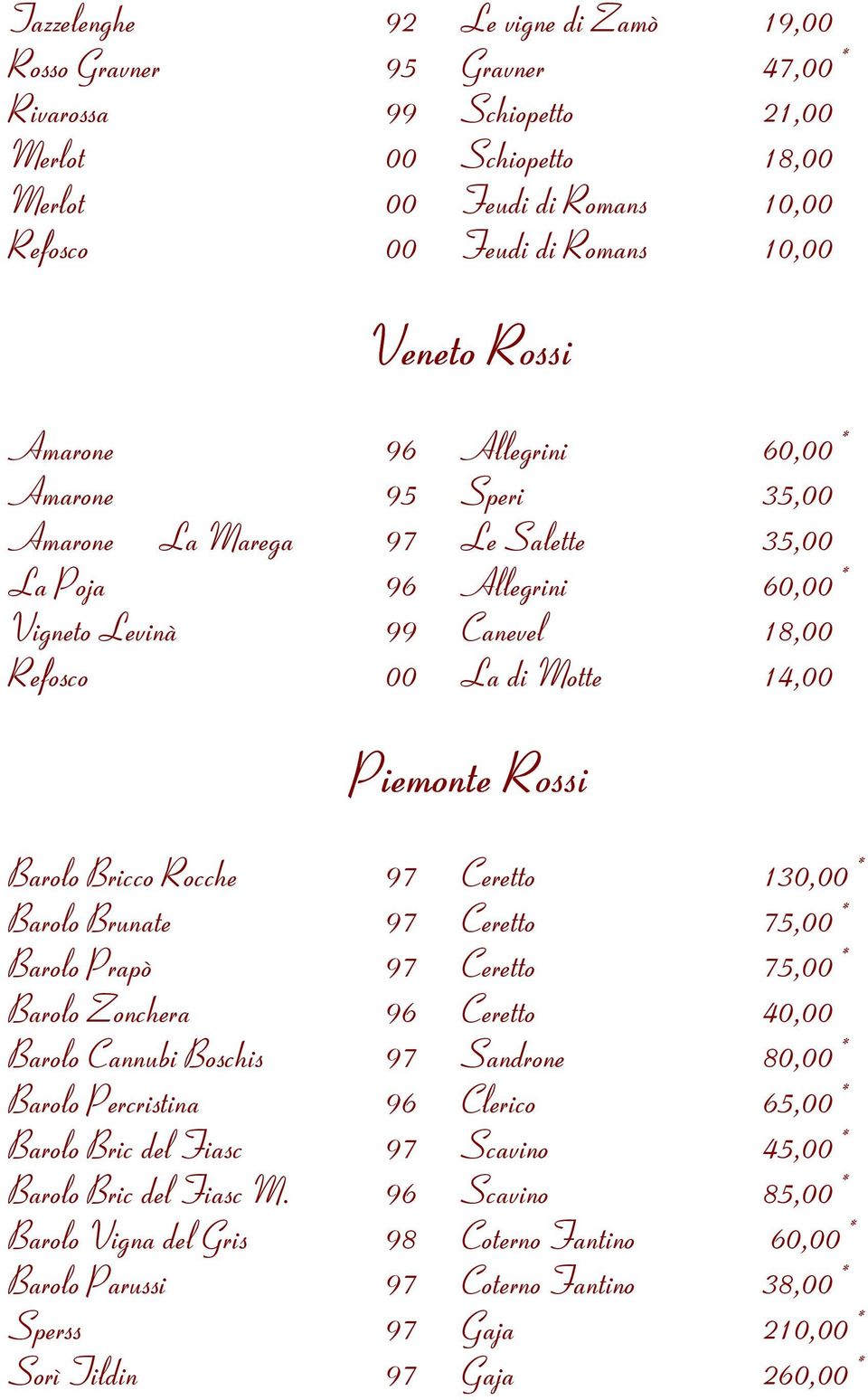 Barolo Bricco Rocche 97 Ceretto 130,00* Barolo Brunate 97 Ceretto 75,00* Barolo Prapò 97 Ceretto 75,00* Barolo Zonchera 96 Ceretto 40,00 Barolo Cannubi Boschis 97 Sandrone 80,00* Barolo Percristina