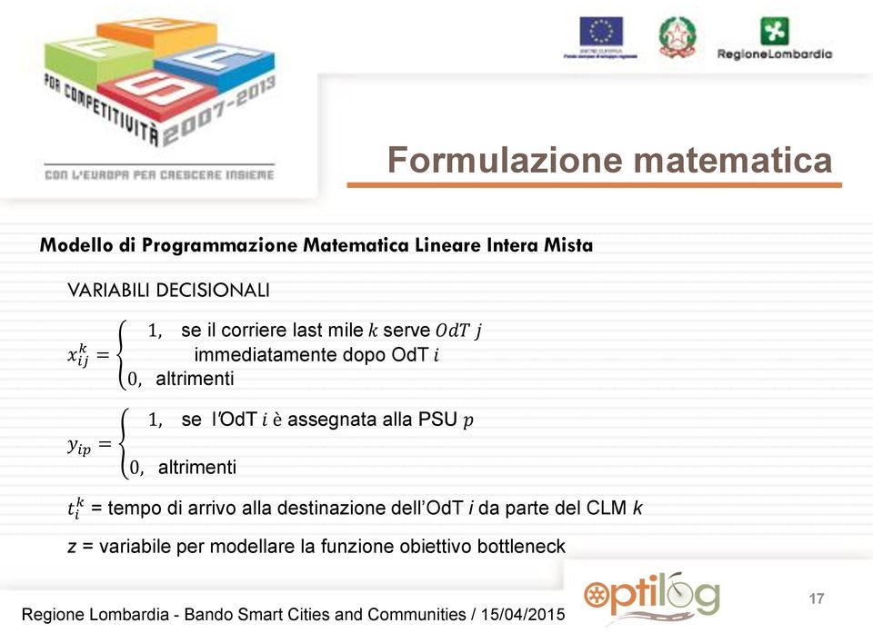 0, altrimenti 1, se l OdT i è assegnata alla PSU p 0, altrimenti t i k = tempo di arrivo alla