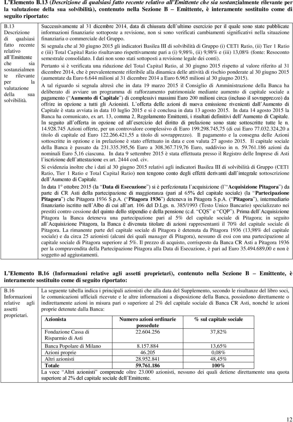 sostituito come di seguito riportato: B.13 Descrizione di qualsiasi fatto recente relativo all Emittente che sia sostanzialmen te rilevante per la valutazione della sua solvibilità.