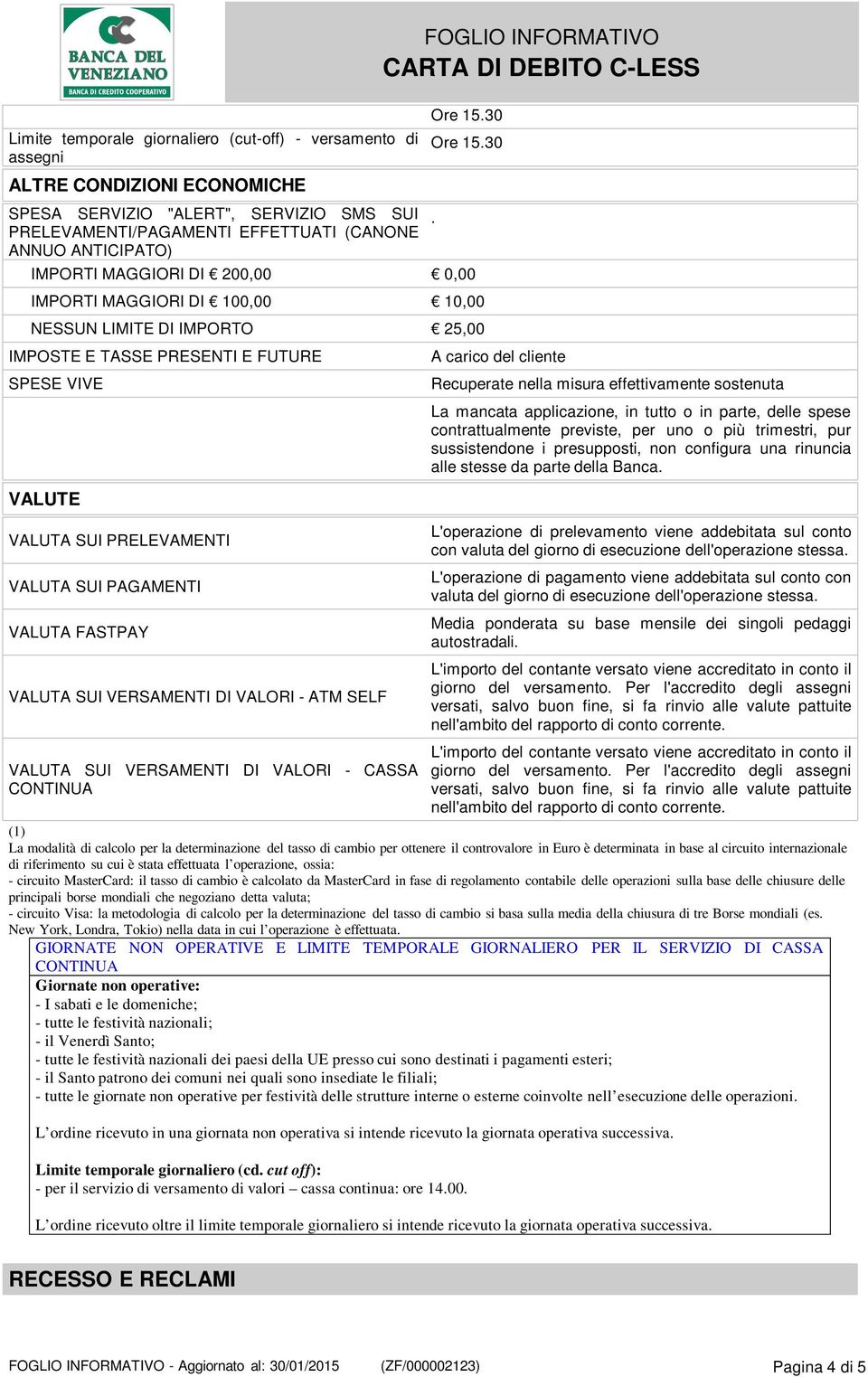 30 IMPORTI MAGGIORI DI 200,00 IMPORTI MAGGIORI DI 100,00 10,00 NESSUN LIMITE DI IMPORTO 25,00 IMPOSTE E TASSE PRESENTI E FUTURE SPESE VIVE VALUTE VALUTA SUI PRELEVAMENTI VALUTA SUI PAGAMENTI VALUTA