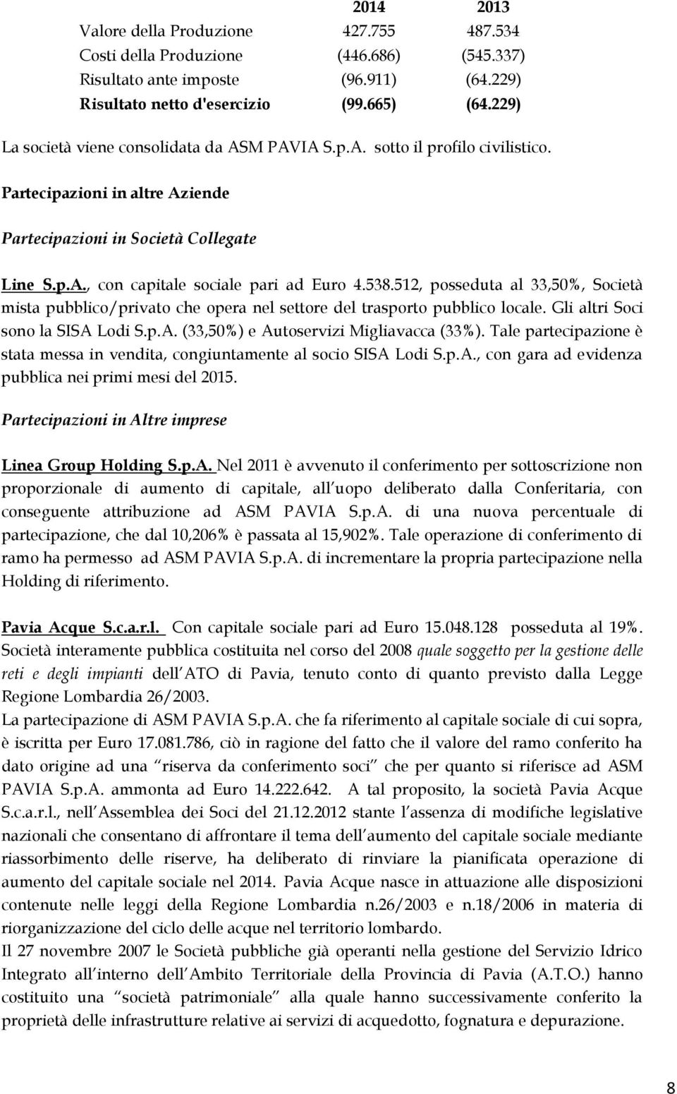 538.512, posseduta al 33,50%, Società mista pubblico/privato che opera nel settore del trasporto pubblico locale. Gli altri Soci sono la SISA Lodi S.p.A. (33,50%) e Autoservizi Migliavacca (33%).