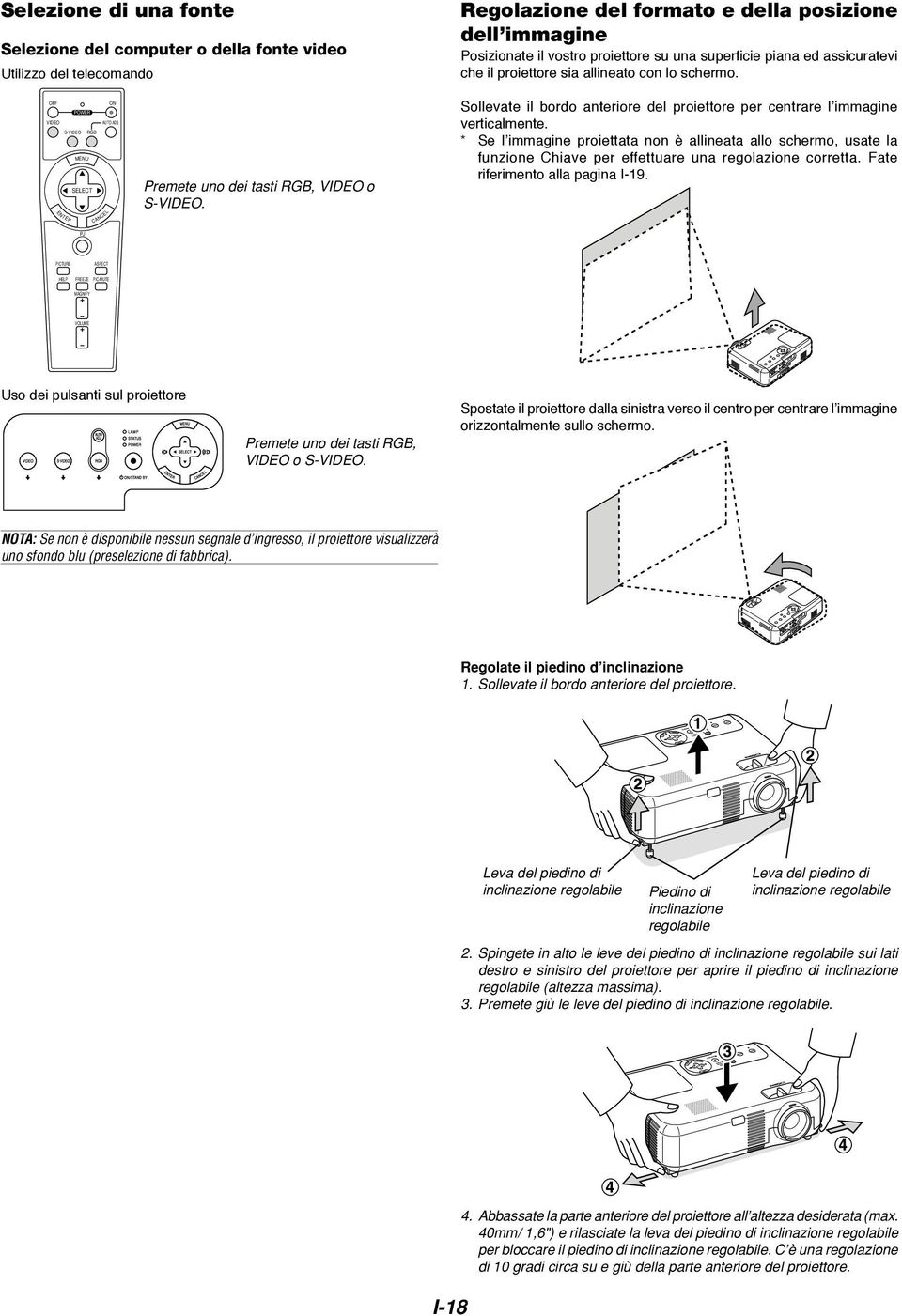 Sollevate il bordo anteriore del proiettore per centrare l immagine verticalmente.