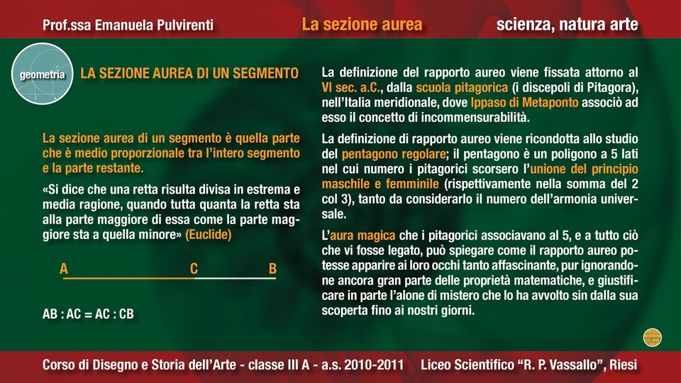 CB C B La definizione del rapporto aureo viene fissata attorno al VI sec.