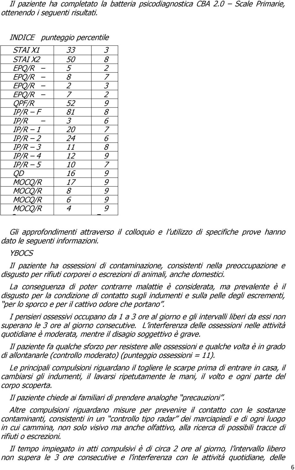 4 12 1 9 IP/R 5 10 7 7 QD 16 6 9 MOCQ/R 17 9 9 MOCQ/R 8 9 9 1 MOCQ/R 6 6 9 2 MOCQ/R 3 4 6 9 7 Gli approfondimenti attraverso il colloquio e l utilizzo di specifiche prove hanno dato le seguenti