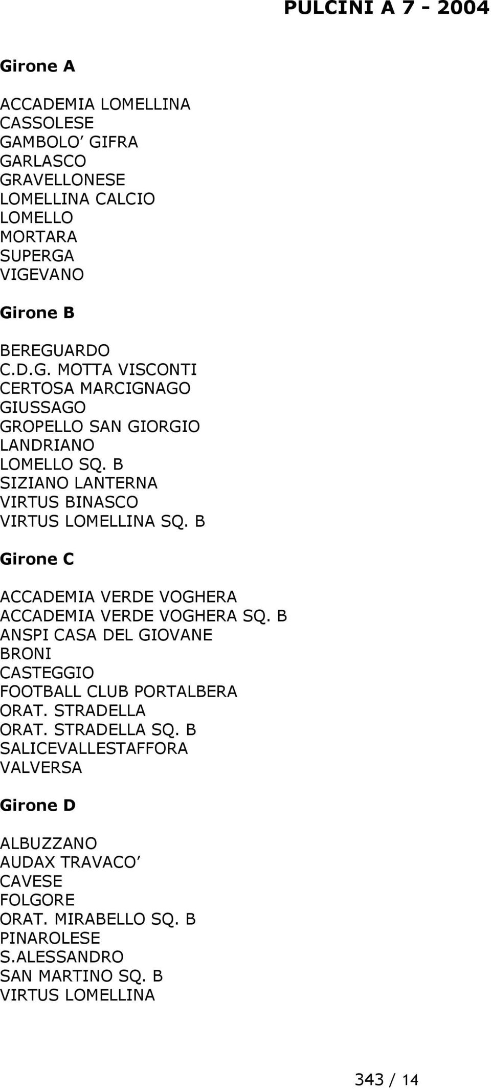 B Girone C ACCADEMIA VERDE VOGHERA ACCADEMIA VERDE VOGHERA SQ. B ANSPI CASA DEL GIOVANE BRONI CASTEGGIO FOOTBALL CLUB PORTALBERA ORAT. STRADELLA ORAT.