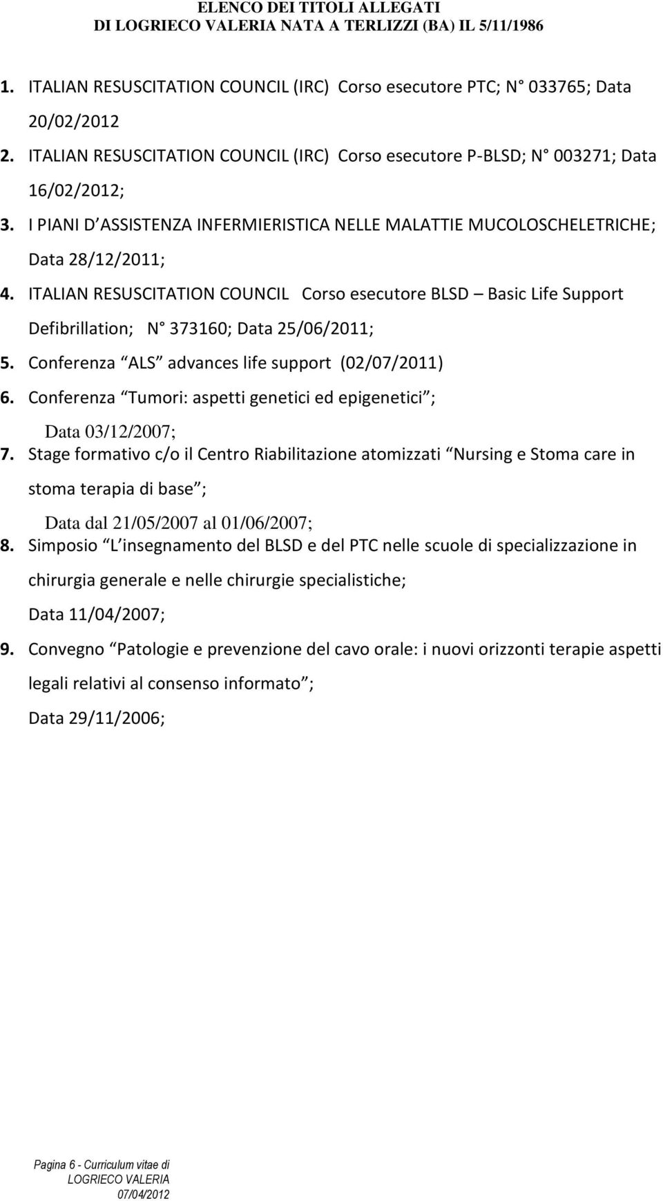 ITALIAN RESUSCITATION COUNCIL Corso esecutore BLSD Basic Life Support Defibrillation; N 373160; Data 25/06/2011; 5. Conferenza ALS advances life support (02/07/2011) 6.