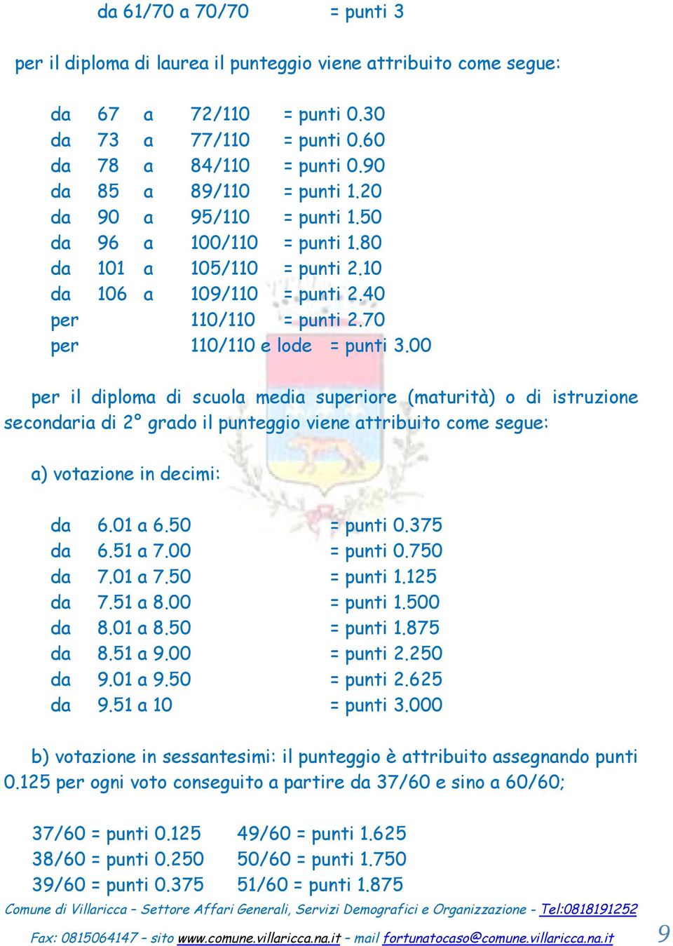 70 per 110/110 e lode = punti 3.00 per il diploma di scuola media superiore (maturitå) o di istruzione secondaria di 2 grado il punteggio viene attribuito come segue: a) votazione in decimi: da 6.