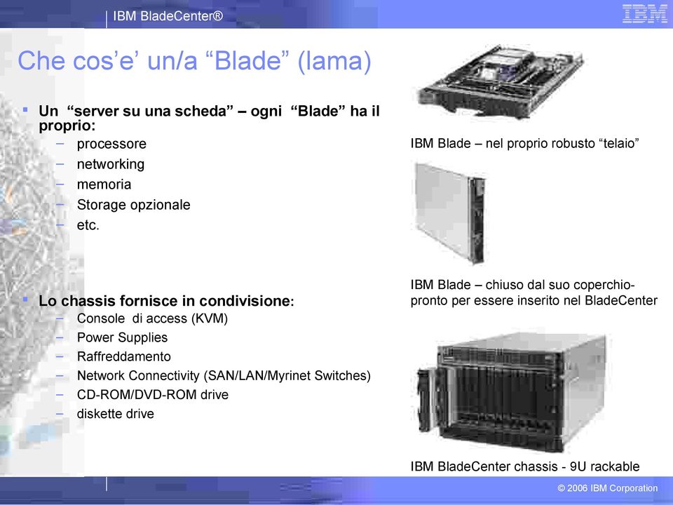 IBM Blade nel proprio robusto telaio Lo chassis fornisce in condivisione: Console di access (KVM) Power Supplies