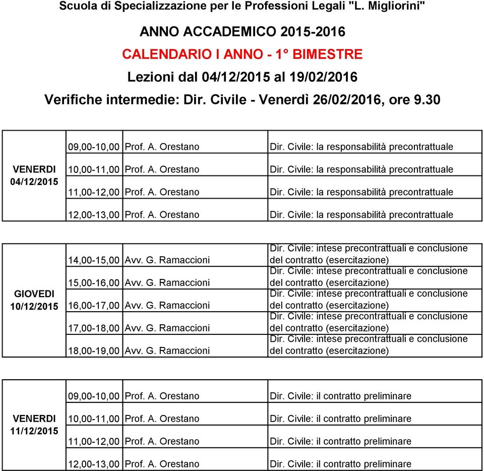 A. Orestano Dir. Civile: la responsabilità precontrattuale 12,00-13,00 Prof. A. Orestano Dir. Civile: la responsabilità precontrattuale GIOVEDI 10/12/2015 14,00-15,00 Avv. G. Ramaccioni 15,00-16,00 Avv.