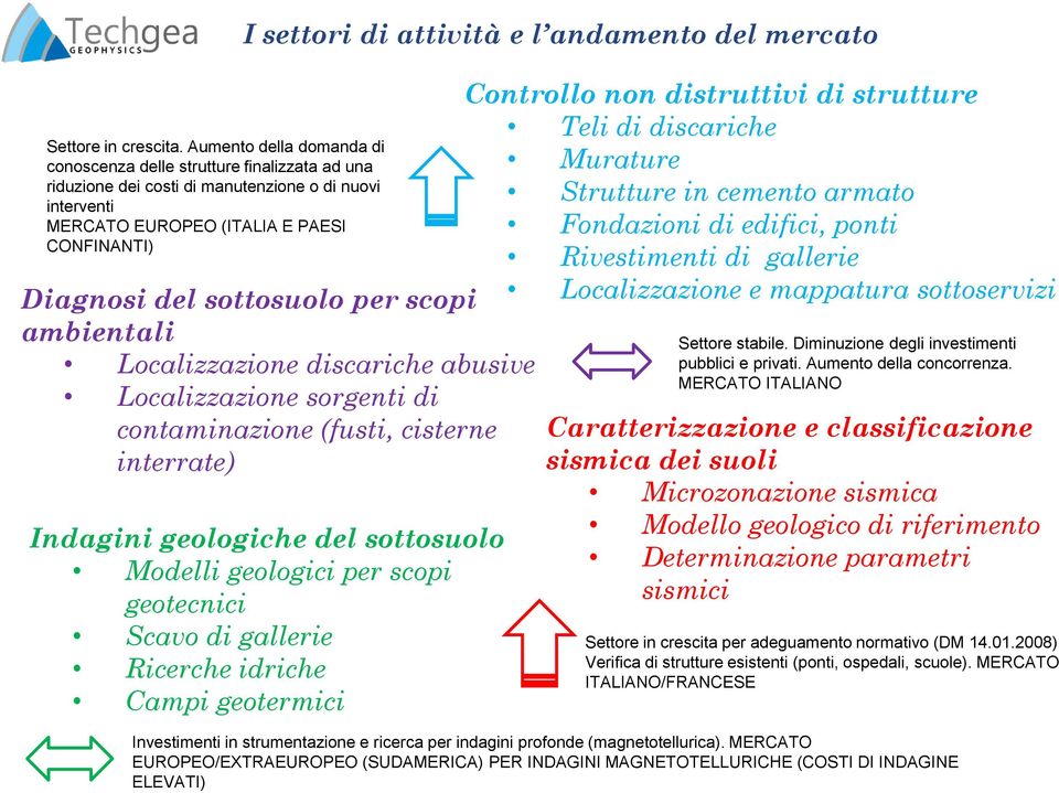 andamento del mercato Diagnosi del sottosuolo per scopi ambientali Localizzazione discariche abusive Localizzazione sorgenti di contaminazione (fusti, cisterne interrate) Indagini geologiche del