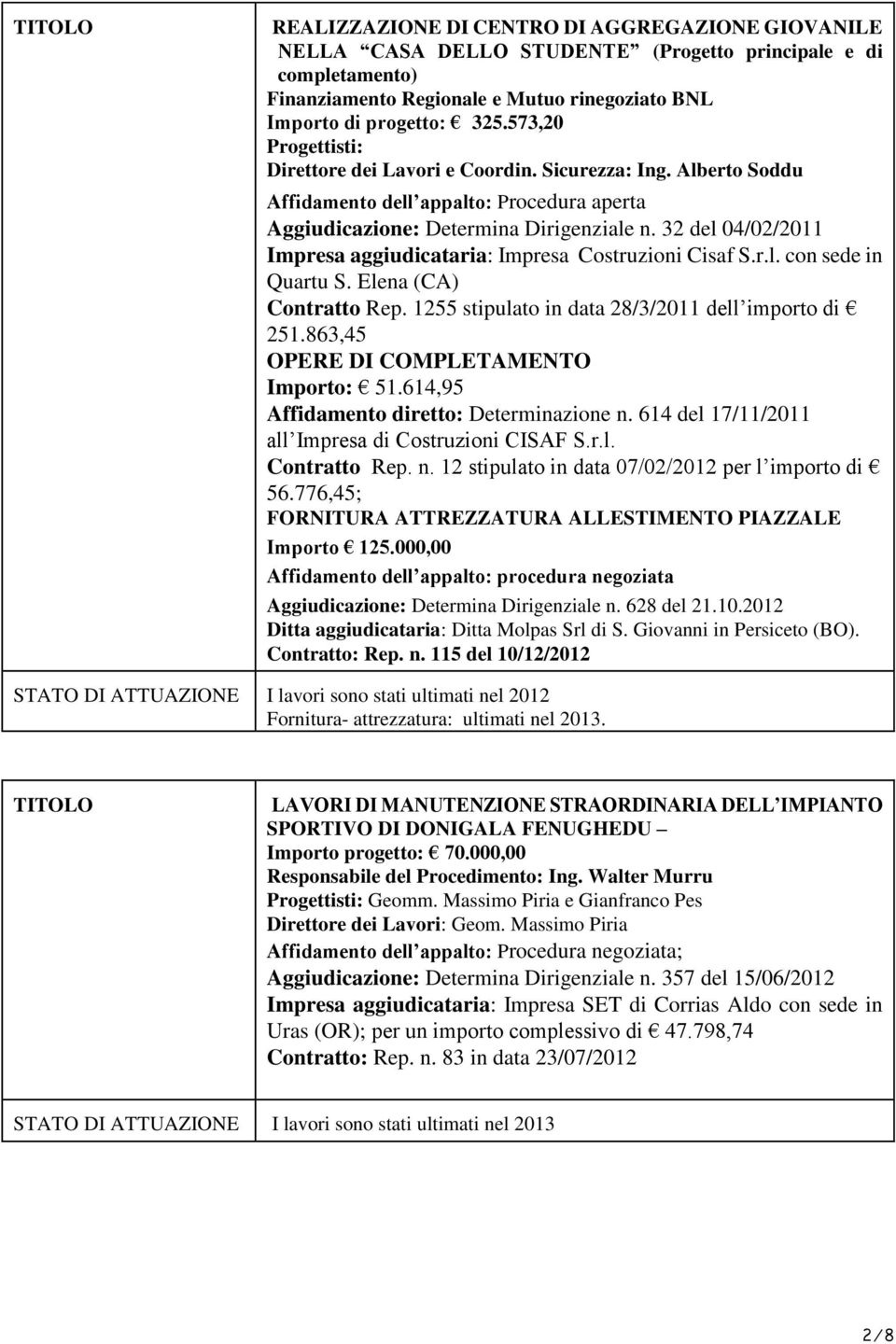 32 del 04/02/2011 Impresa aggiudicataria: Impresa Costruzioni Cisaf S.r.l. con sede in Quartu S. Elena (CA) Contratto Rep. 1255 stipulato in data 28/3/2011 dell importo di 251.