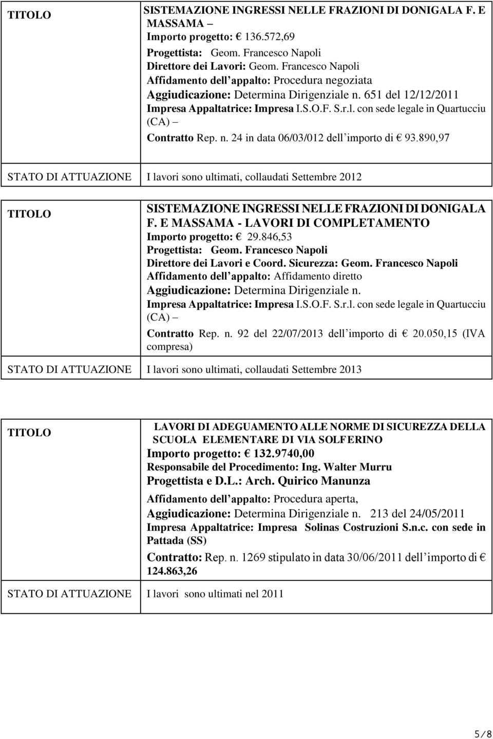 n. 24 in data 06/03/012 dell importo di 93.890,97 STATO DI ATTUAZIONE I lavori sono ultimati, collaudati Settembre 2012 SISTEMAZIONE INGRESSI NELLE FRAZIONI DI DONIGALA F.