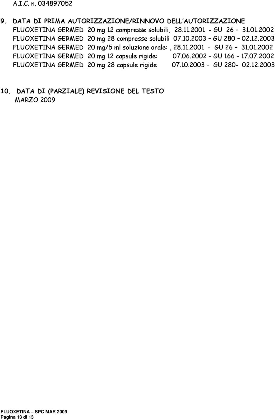 2003 FLUOXETINA GERMED 20 mg/5 ml soluzione orale:, 28.11.2001 - GU 26 31.01.2002 FLUOXETINA GERMED 20 mg 12 capsule rigide: 07.06.