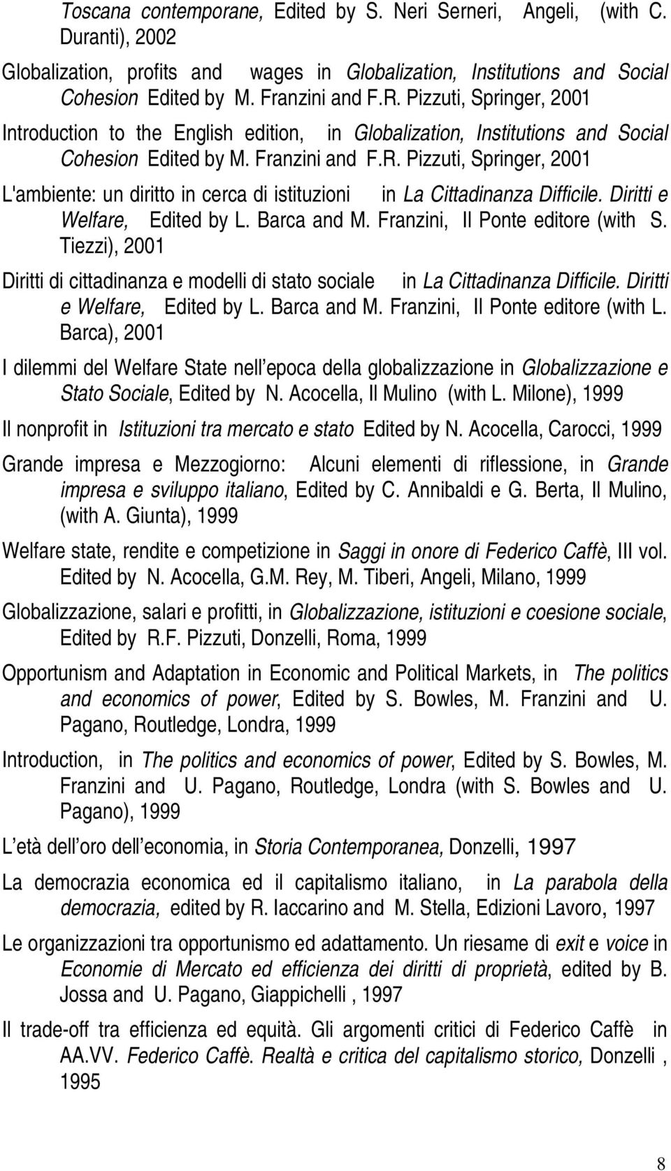 Pizzuti, Springer, 2001 L'ambiente: un diritto in cerca di istituzioni in La Cittadinanza Difficile. Diritti e Welfare, Edited by L. Barca and M. Franzini, Il Ponte editore (with S.