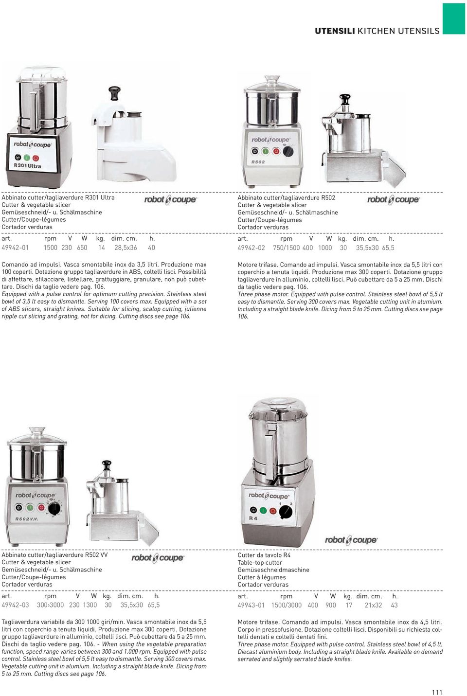 Possibilità di affettare, sfilacciare, listellare, grattuggiare, granulare, non può cubettare. Dischi da taglio vedere pag. 106. Equipped with a pulse control for optimum cutting precision.