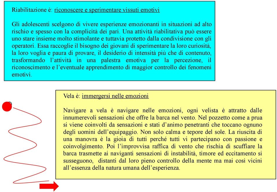 Essa raccoglie il bisogno dei giovani di sperimentare la loro curiosità, la loro voglia e paura di provare, il desiderio di intensità più che di contenuto, trasformando l attività in una palestra