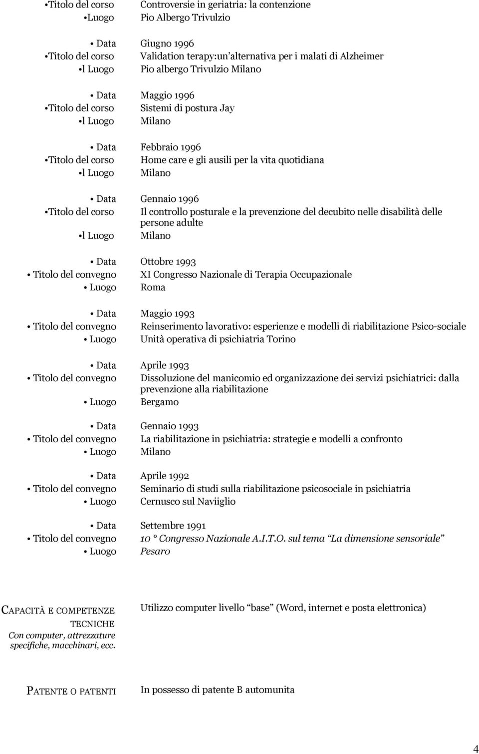 controllo posturale e la prevenzione del decubito nelle disabilità delle persone adulte Data Ottobre 1993 Titolo del convegno XI Congresso Nazionale di Terapia Occupazionale Luogo Roma Data Maggio