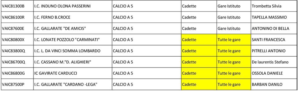 C. L. DA VINCI SOMMA LOMBARDO CALCIO A 5 Cadette Tutte le gare PITRELLI ANTONIO VAIC86700Q I.C. CASSANO M."D.