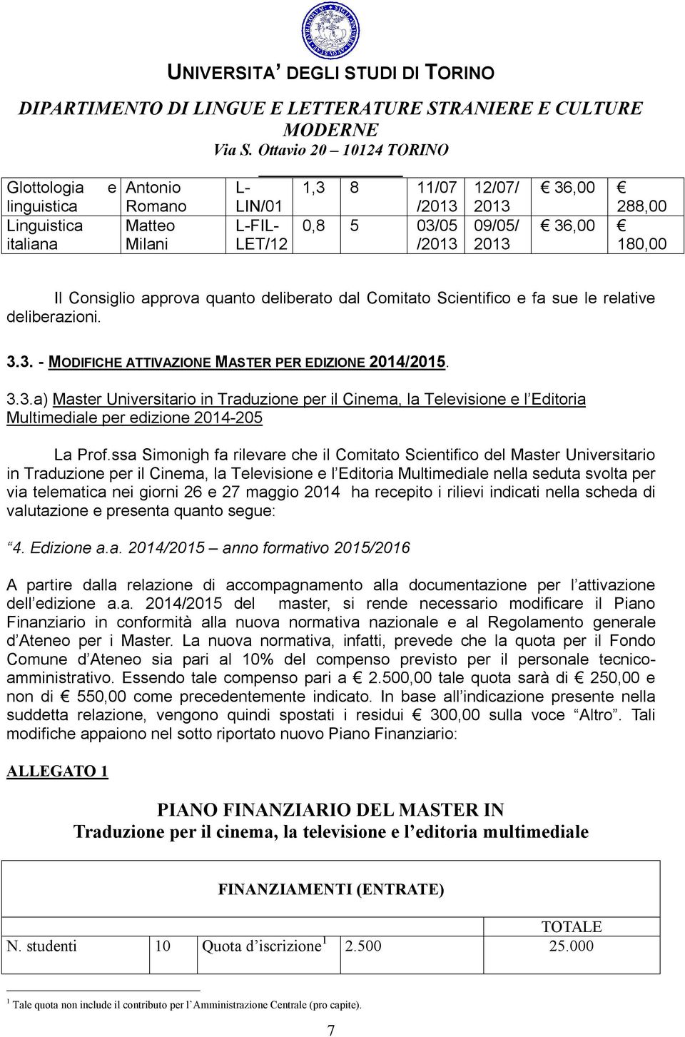 ssa Simonigh fa rilevare che il Comitato Scientifico del Master Universitario in Traduzione per il Cinema, la Televisione e l Editoria Multimediale nella seduta svolta per via telematica nei giorni