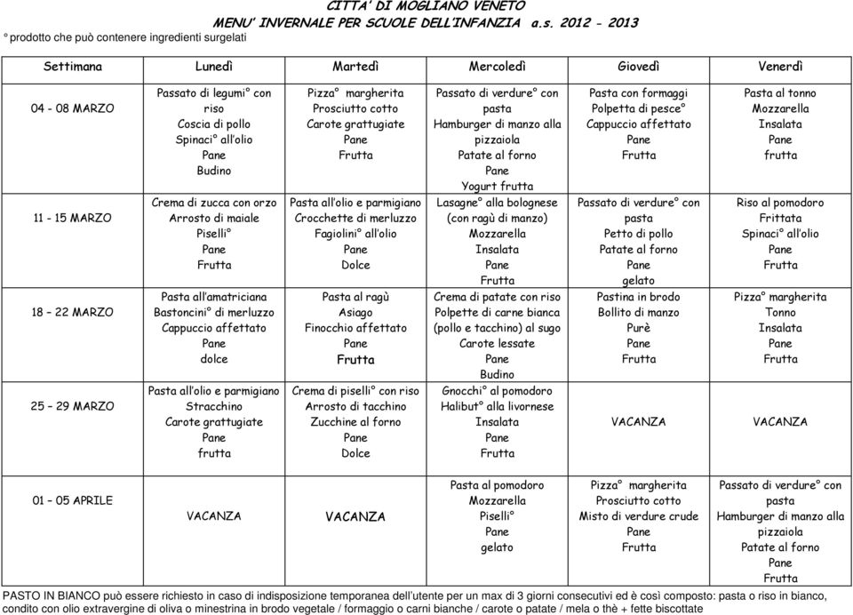 alla livornese 01 05 APRILE Pasta al gelato Misto di verdure crude PASTO IN BIANCO può essere richiesto in