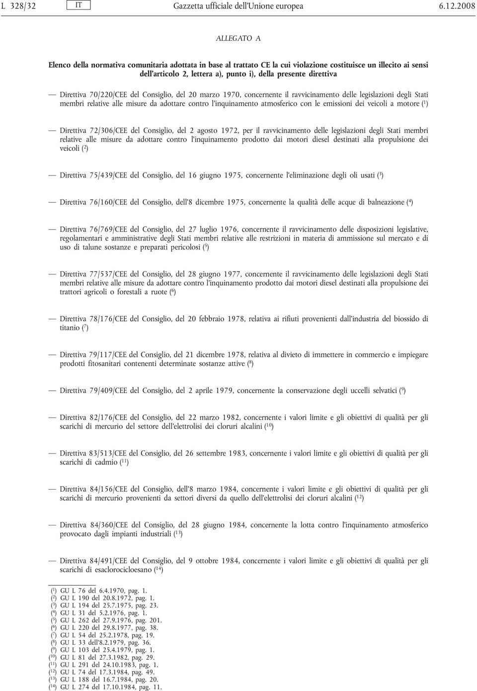 Direttiva 70/220/CEE del Consiglio, del 20 marzo 1970, concernente il ravvicinamento delle legislazioni degli Stati membri relative alle misure da adottare contro l inquinamento atmosferico con le