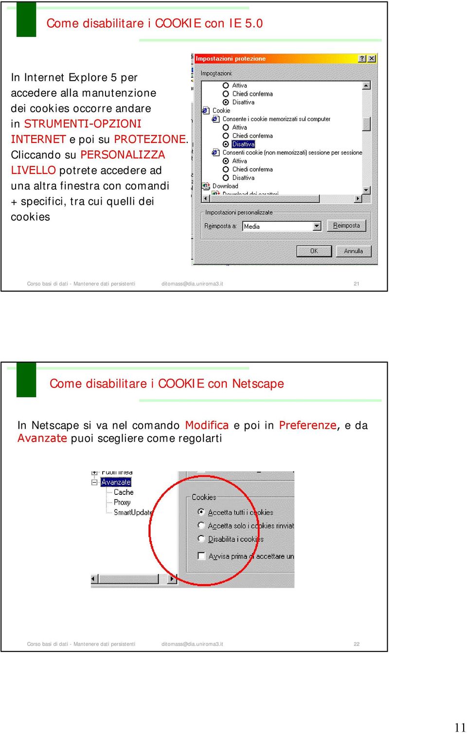 Cliccando su PERSONALIZZA LIVELLO potrete accedere ad una altra finestra con comandi + specifici, tra cui quelli dei cookies Corso basi di dati -