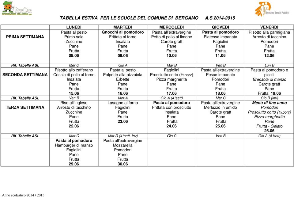 Tabelle ASL Mer C Gio A Mar B Ven B Lun B 15.06 16.06 17.06 18.06 e Bresaola di manzo 19.06 Rif.