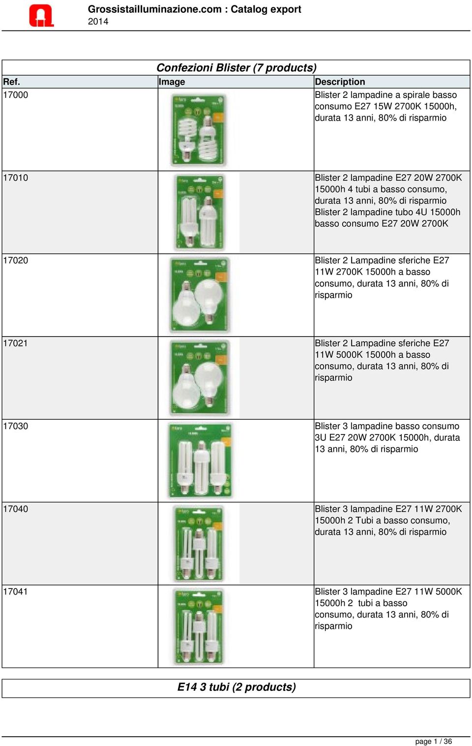 Blister 2 Lampadine sferiche E27 11W 5000K a basso consumo, durata 13 anni, 80% di 17030 Blister 3 lampadine basso consumo 3U E27 20W 2700K, durata 13 anni, 80% di 17040 Blister 3