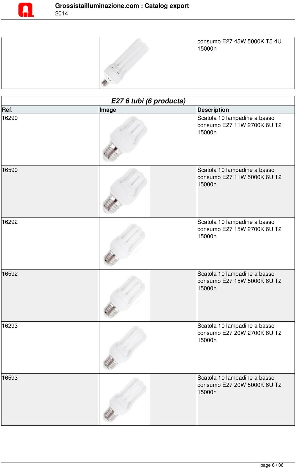 consumo E27 15W 2700K 6U T2 16592 Scatola 10 lampadine a basso consumo E27 15W 5000K 6U T2 16293 Scatola 10