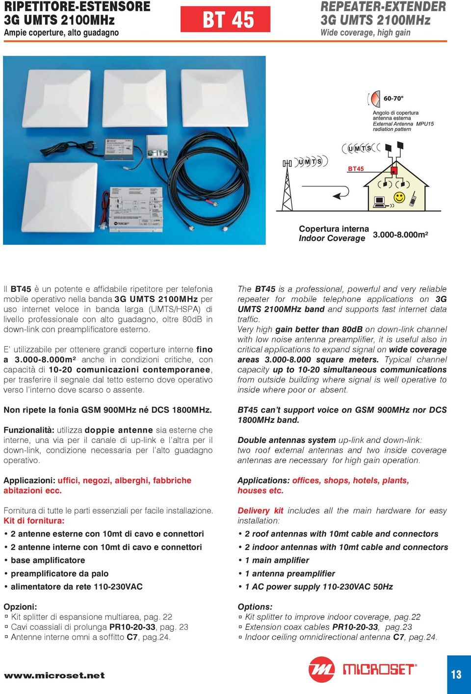 professionale con alto guadagno, oltre 80dB in down-lin con preampli catore esterno. E utilizzabile per ottenere grandi coperture interne fino a 3.000-8.