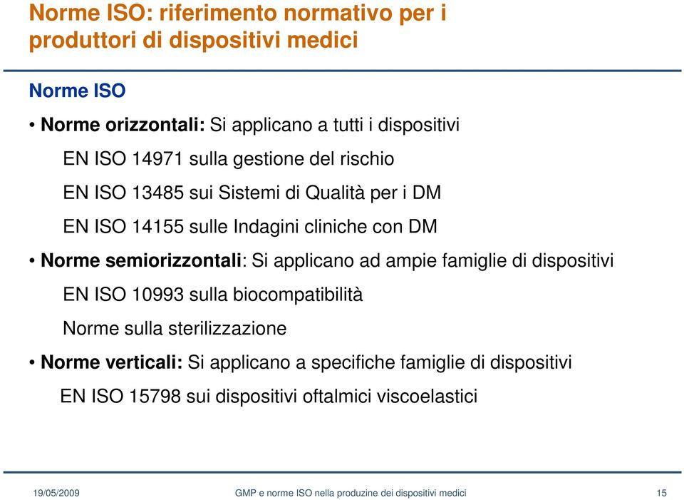 cliniche con DM Norme semiorizzontali: Si applicano ad ampie famiglie di dispositivi EN ISO 10993 sulla biocompatibilità Norme