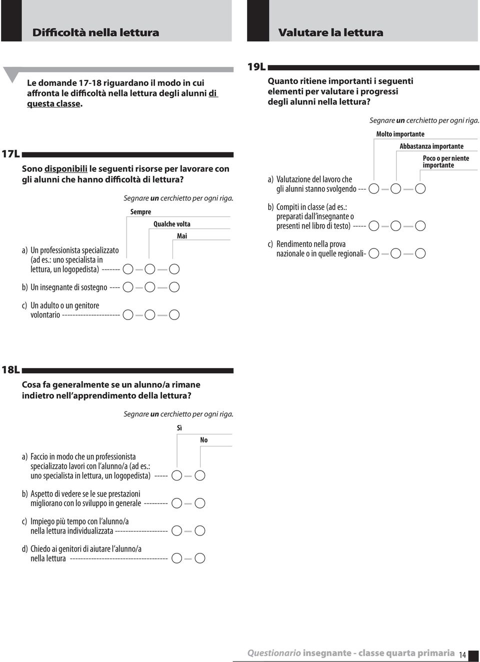 : uno specialista in lettura, un logopedista) ------- A A A b) Un insegnante di sostegno ---- A A A 19L Quanto ritiene importanti i seguenti elementi per valutare i progressi degli alunni nella