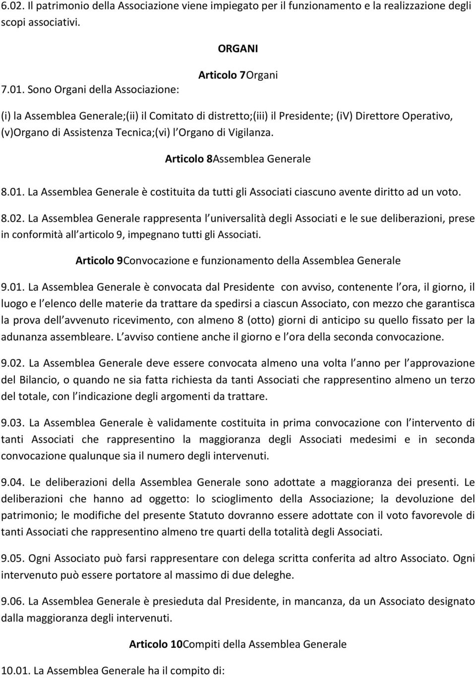 di Vigilanza. Articolo 8Assemblea Generale 8.01. La Assemblea Generale è costituita da tutti gli Associati ciascuno avente diritto ad un voto. 8.02.