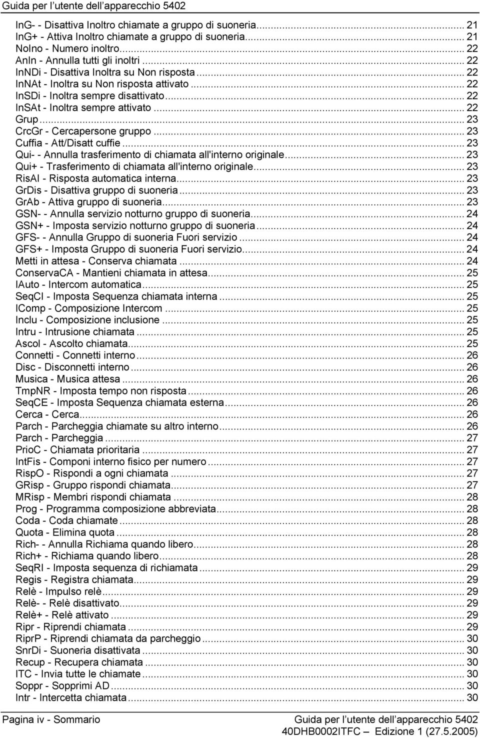 .. 22 InSAt - Inoltra sempre attivato... 22 Grup... 23 CrcGr - Cercapersone gruppo... 23 Cuffia - Att/Disatt cuffie... 23 Qui- - Annulla trasferimento di chiamata all'interno originale.