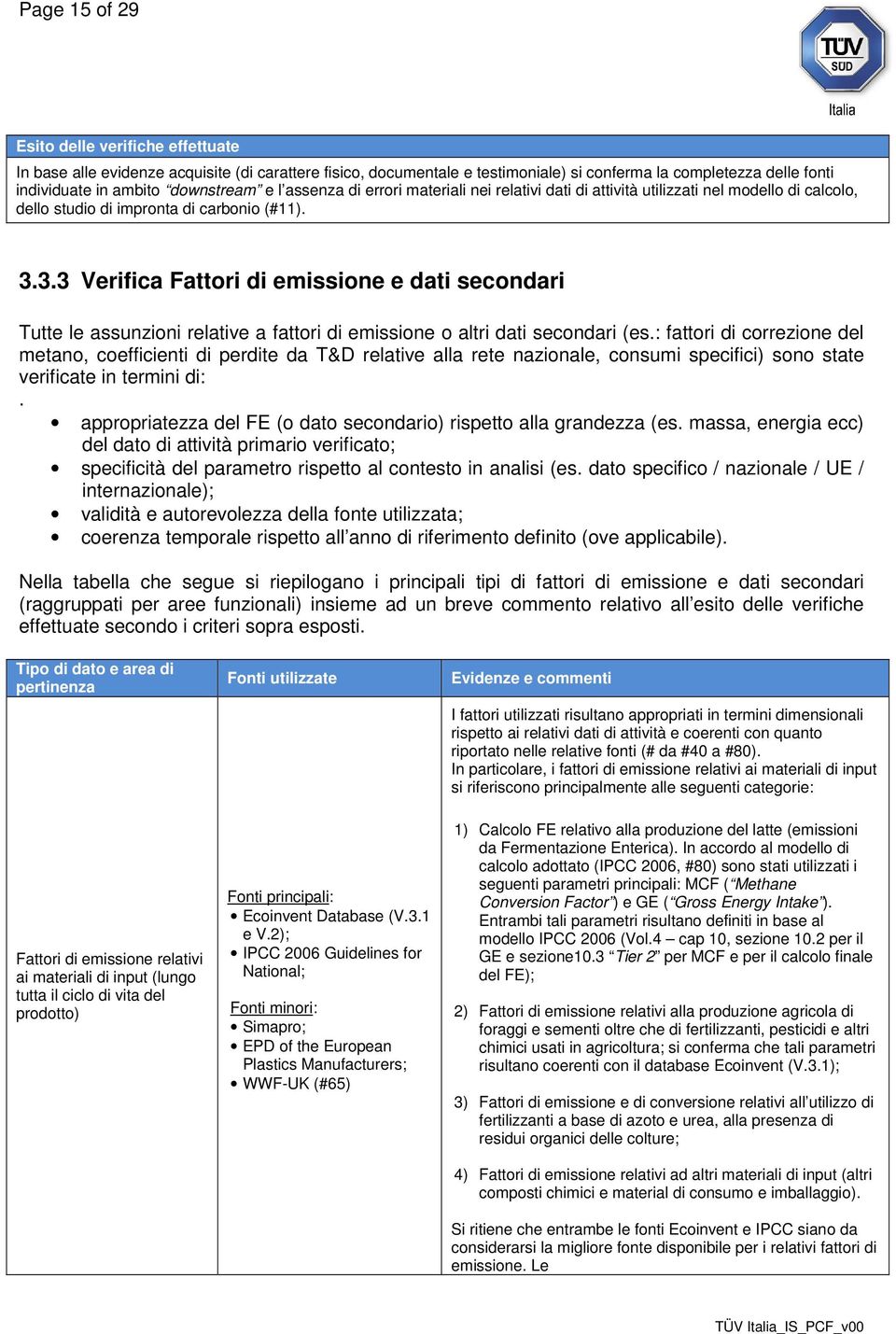 3.3 Verifica Fattori di emissione e dati secondari Tutte le assunzioni relative a fattori di emissione o altri dati secondari (es.