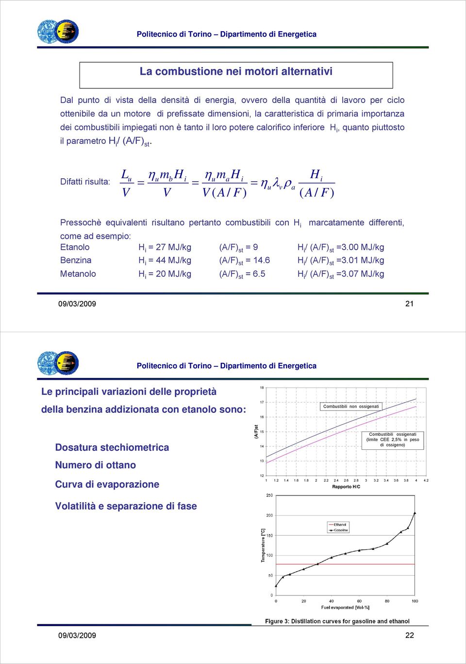 Difatti risulta: L V u ηumbh = V i ηumah i Hi = = ηuλvρa V ( A/ F) ( A/ F) Pressochè equivalenti risultano pertanto combustibili con H i marcatamente differenti, come ad esempio: Etanolo H i = 27