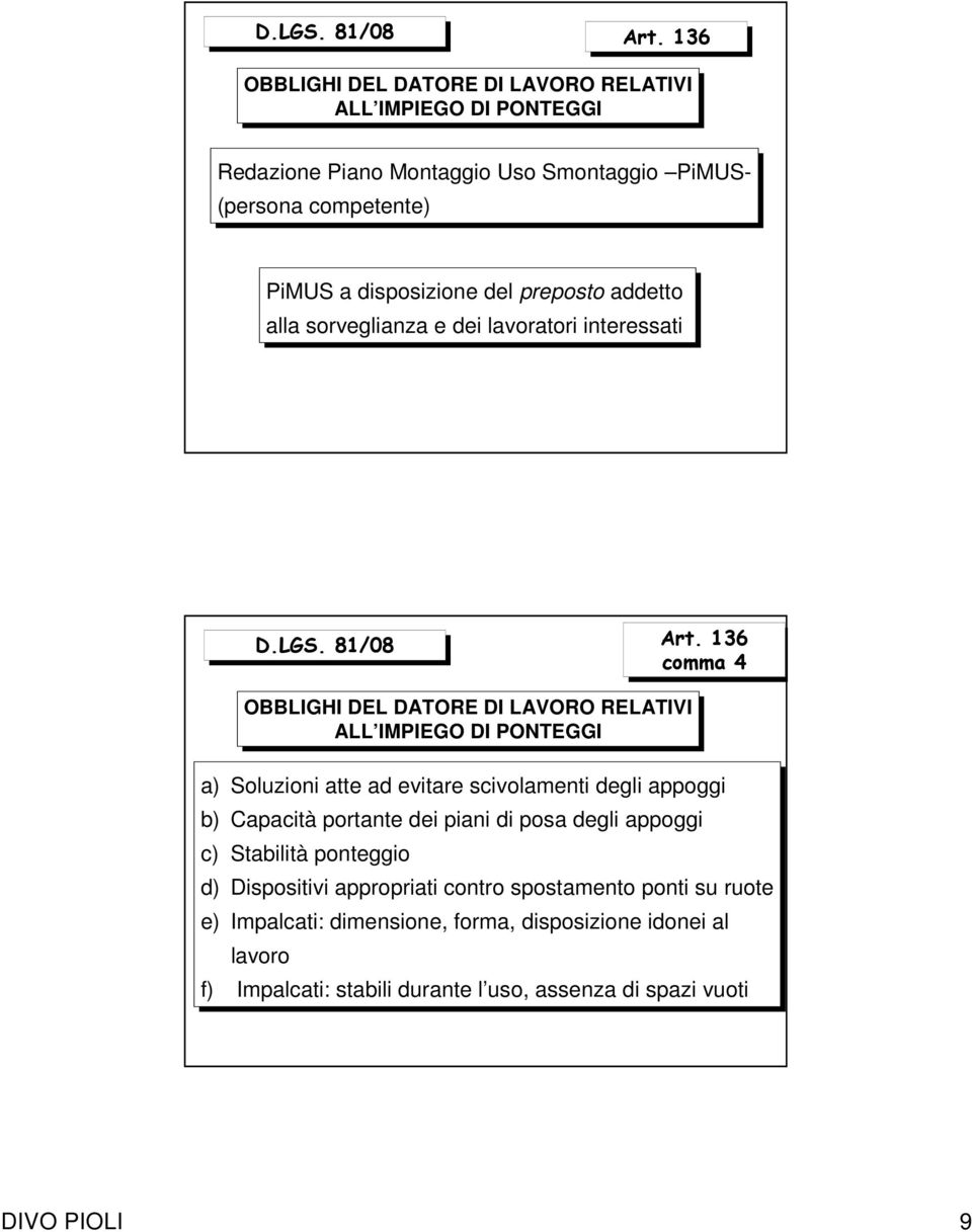 preposto addetto alla sorveglianza e dei lavoratori interessati  136 comma 4 OBBLIGHI DEL DATORE DI LAVORO RELATIVI ALL IMPIEGO DI PONTEGGI a) Soluzioni atte ad