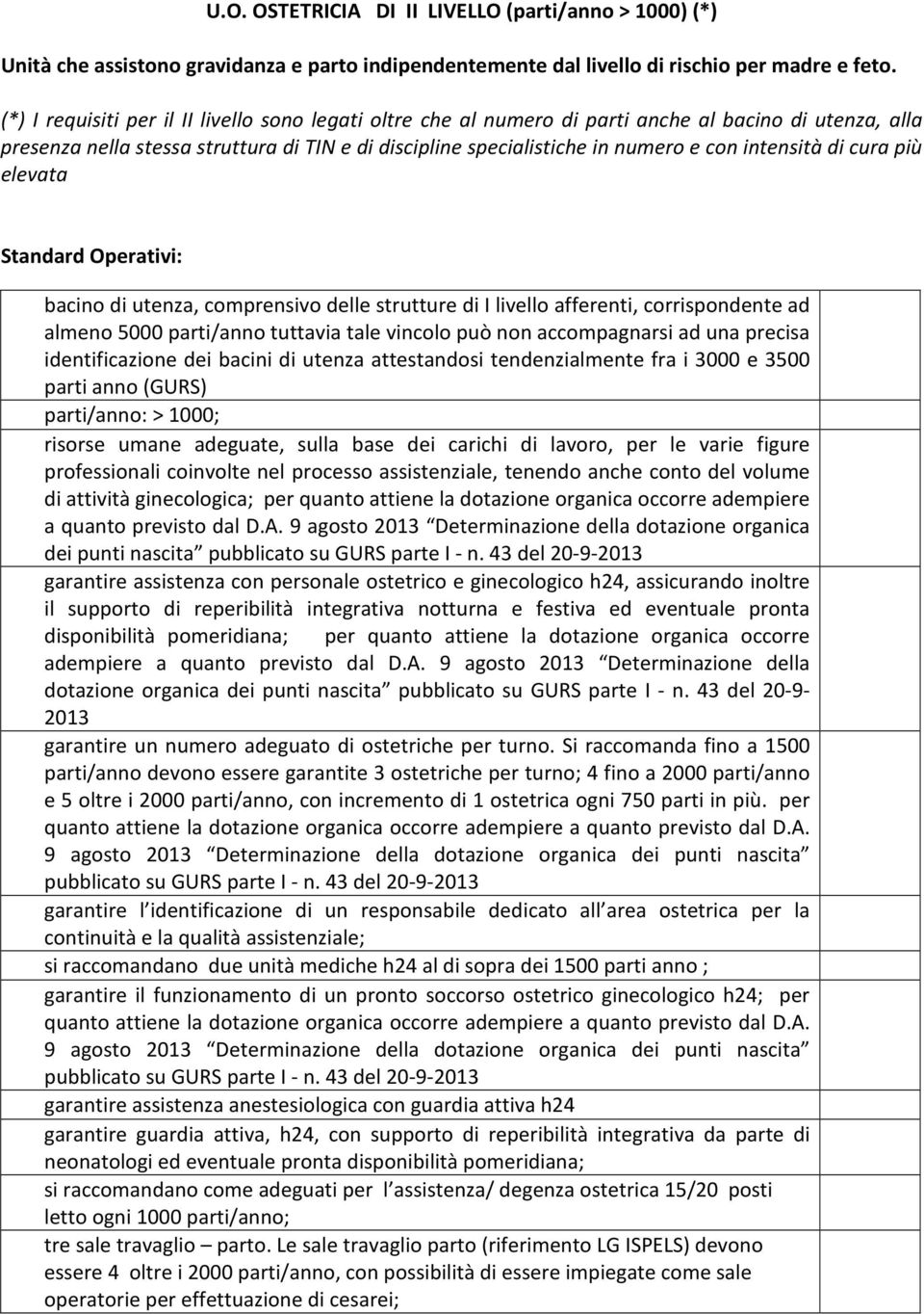 intensità di cura più elevata Standard Operativi: bacino di utenza, comprensivo delle strutture di I livello afferenti, corrispondente ad almeno 5000 parti/anno tuttavia tale vincolo può non