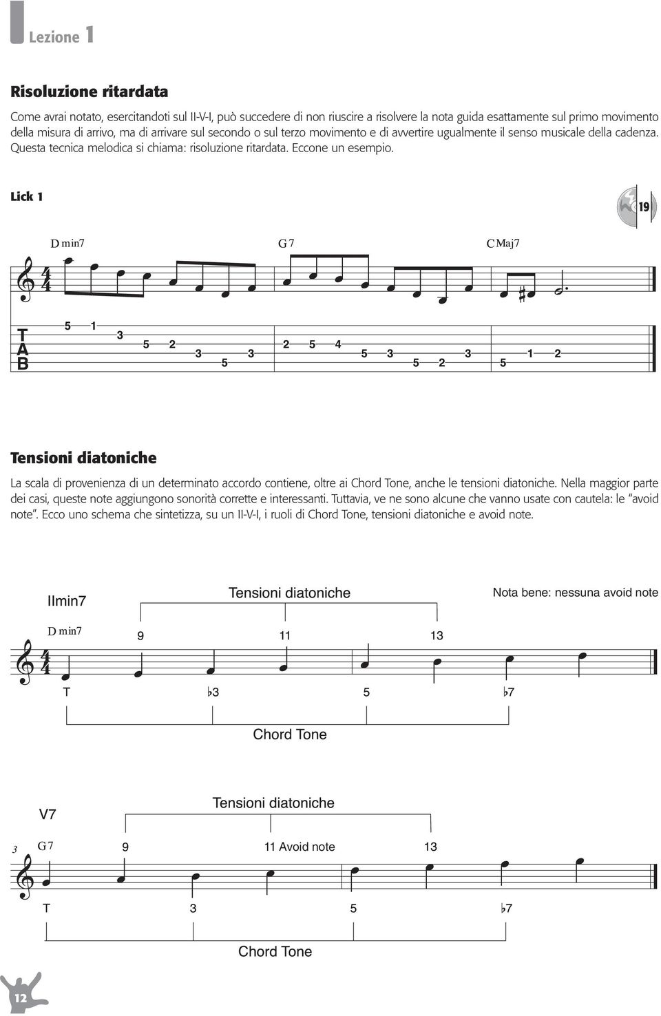 Lick 1 19 Tensioni diatoniche La scala di provenienza di un determinato accordo contiene, oltre ai Chord Tone, anche le tensioni diatoniche.