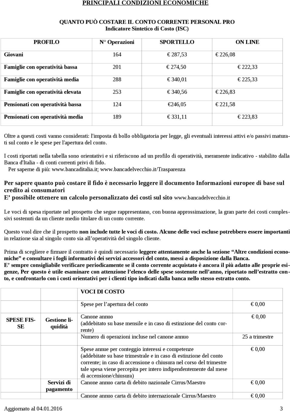 con operatività media 189 331,11 223,83 Oltre a questi costi vanno considerati: l'imposta di bollo obbligatoria per legge, gli eventuali interessi attivi e/o passivi maturati sul conto e le spese per