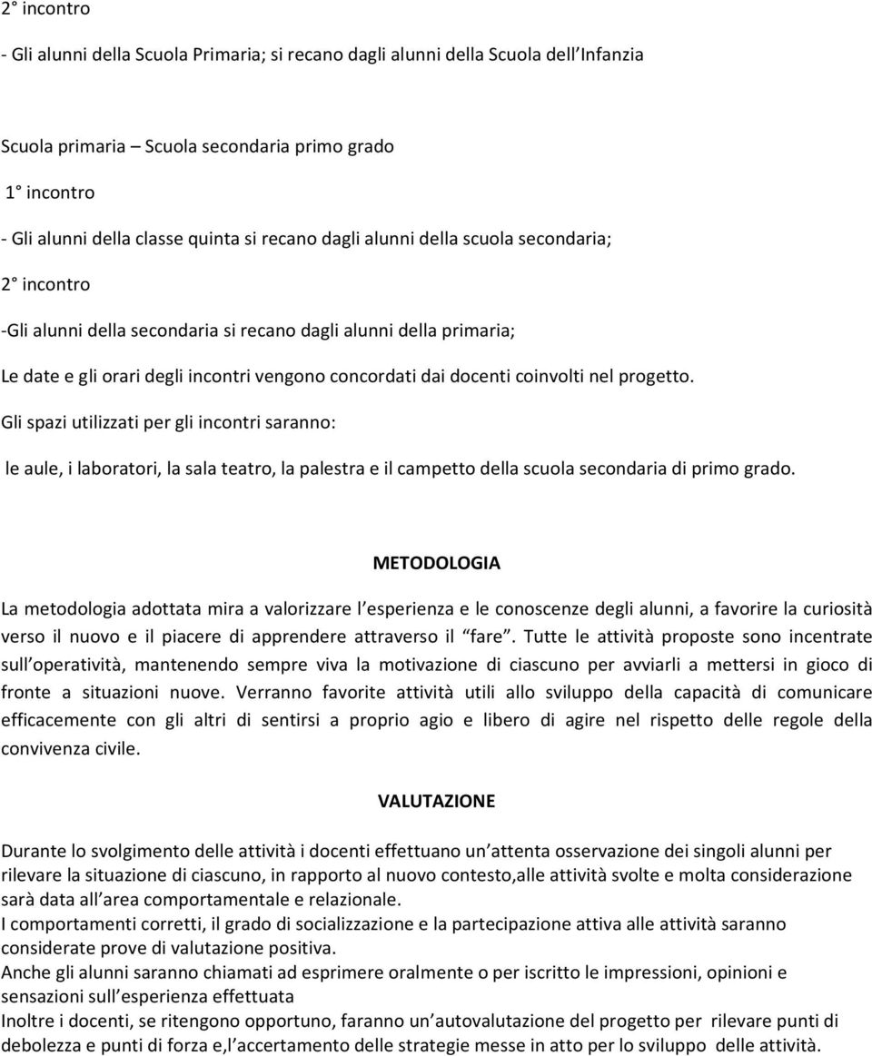 progetto. Gli spazi utilizzati per gli incontri saranno: le aule, i laboratori, la sala teatro, la palestra e il campetto della scuola secondaria di primo grado.