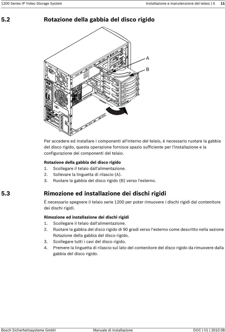 sufficiente per l'installazione e la configurazione dei componenti del telaio. Rotazione della gabbia del disco rigido 1. Scollegare il telaio dall'alimentazione. 2.