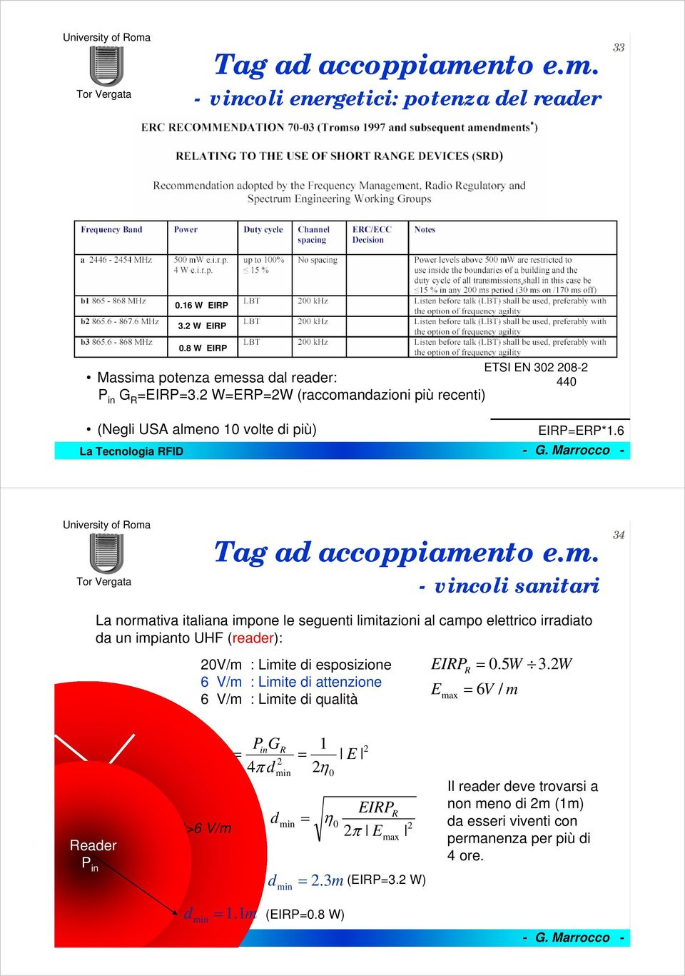 6 - vincoli sanitari 34 La normativa italiana impone le seguenti limitazioni al campo elettrico irradiato da un impianto UHF (reader): 0V/m : Limite di esposizione 6 V/m :