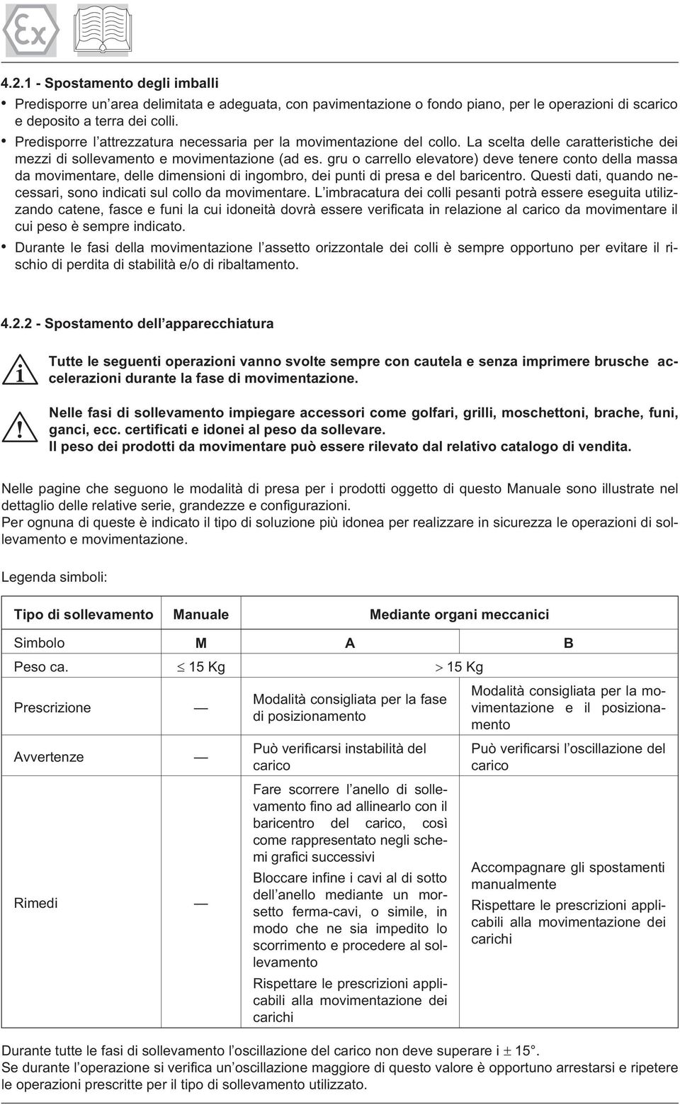 gru o carrello elevatore) deve tenere conto della massa da movimentare, delle dimensioni di ingombro, dei punti di presa e del baricentro.