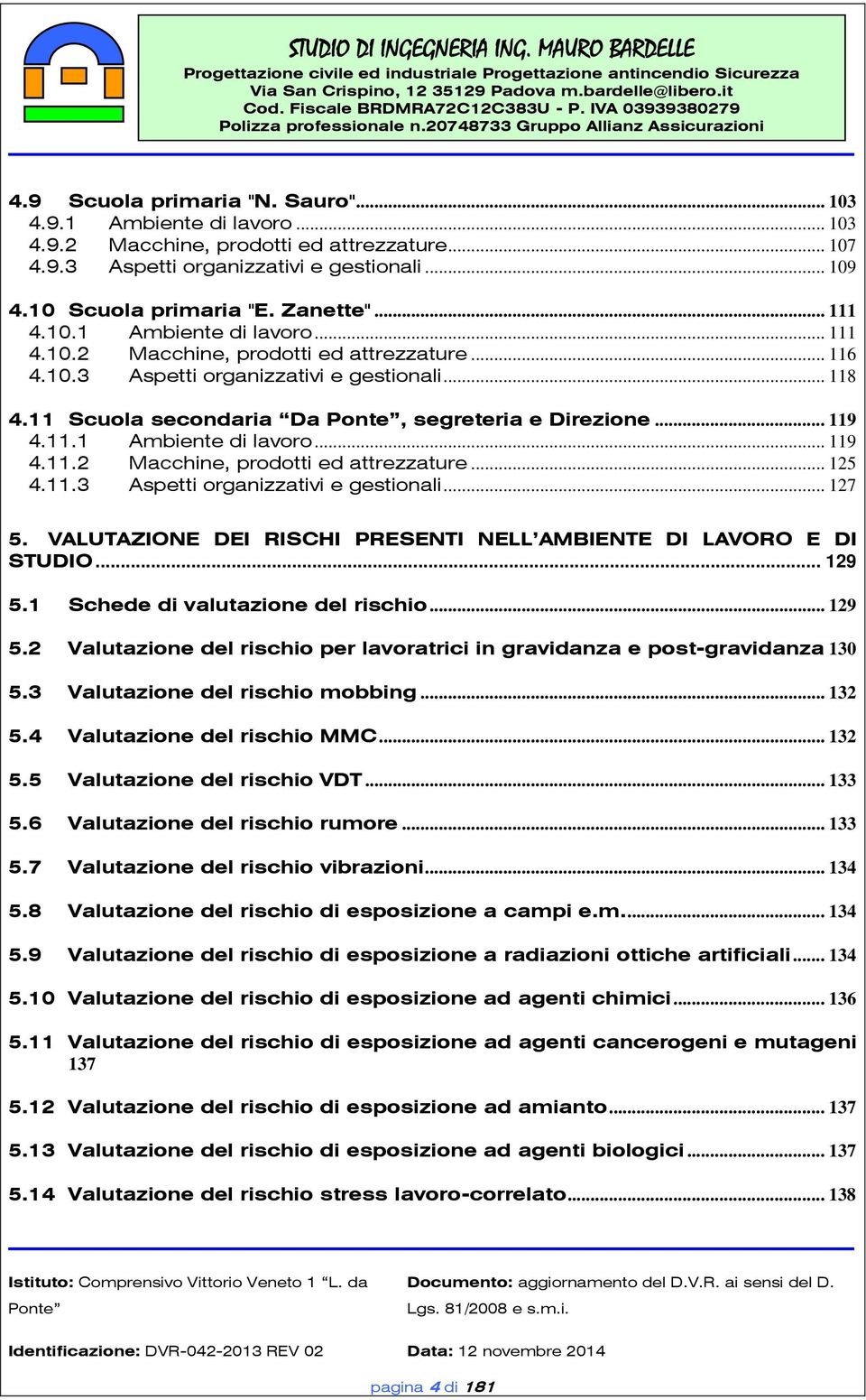 11.3 Aspetti organizzativi e gestionali... 127 5. VALUTAZIONE DEI RISCHI PRESENTI NELL AMBIENTE DI LAVORO E DI STUDIO... 129 5.