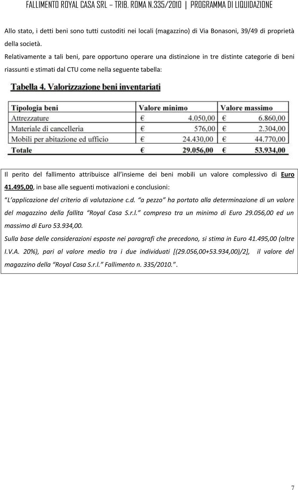 insieme dei beni mobili un valore complessivo di Euro 41.495,00, in base alle seguenti motivazioni e conclusioni: L applicazione del criterio di valutazione c.d. a pezzo ha portato alla determinazione di un valore del magazzino della fallita Royal Casa S.